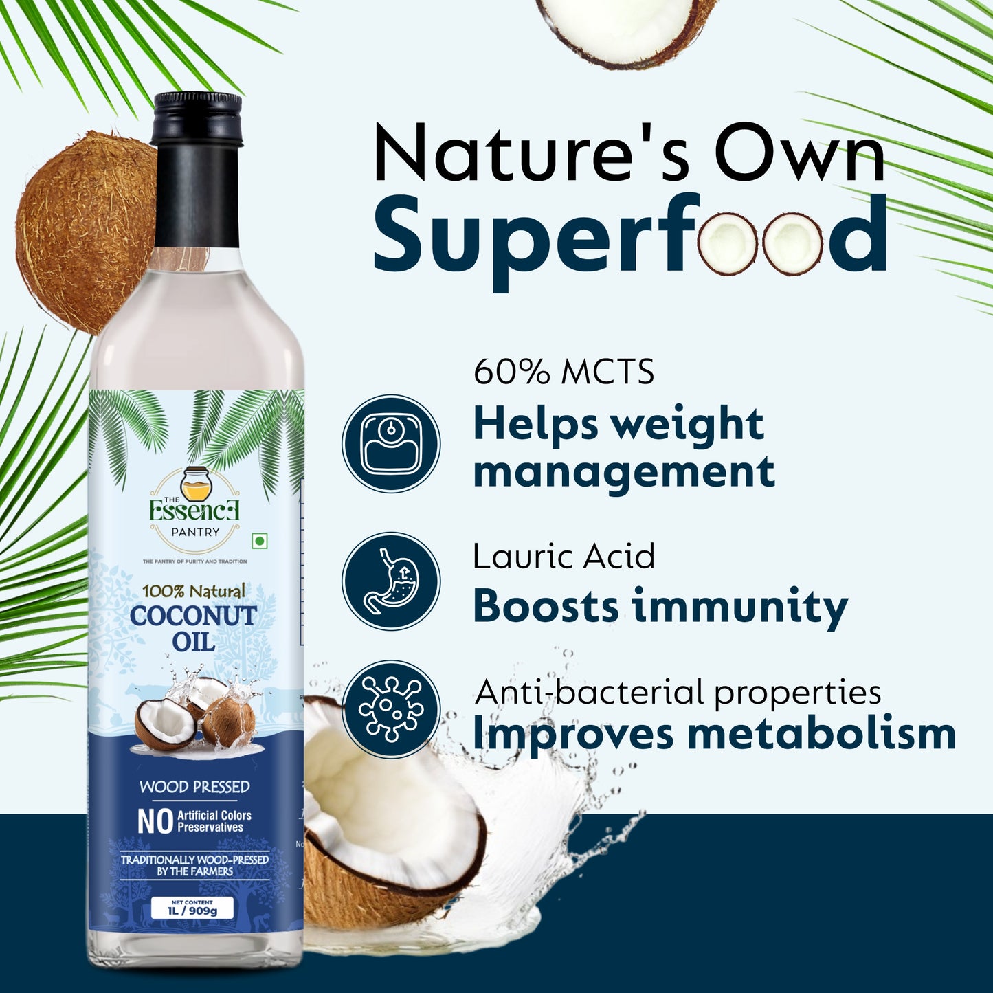The Essence Pantry Virgin Coconut Oil – 1000ml & 500ml Glass | 1000ml PET with Dispenser