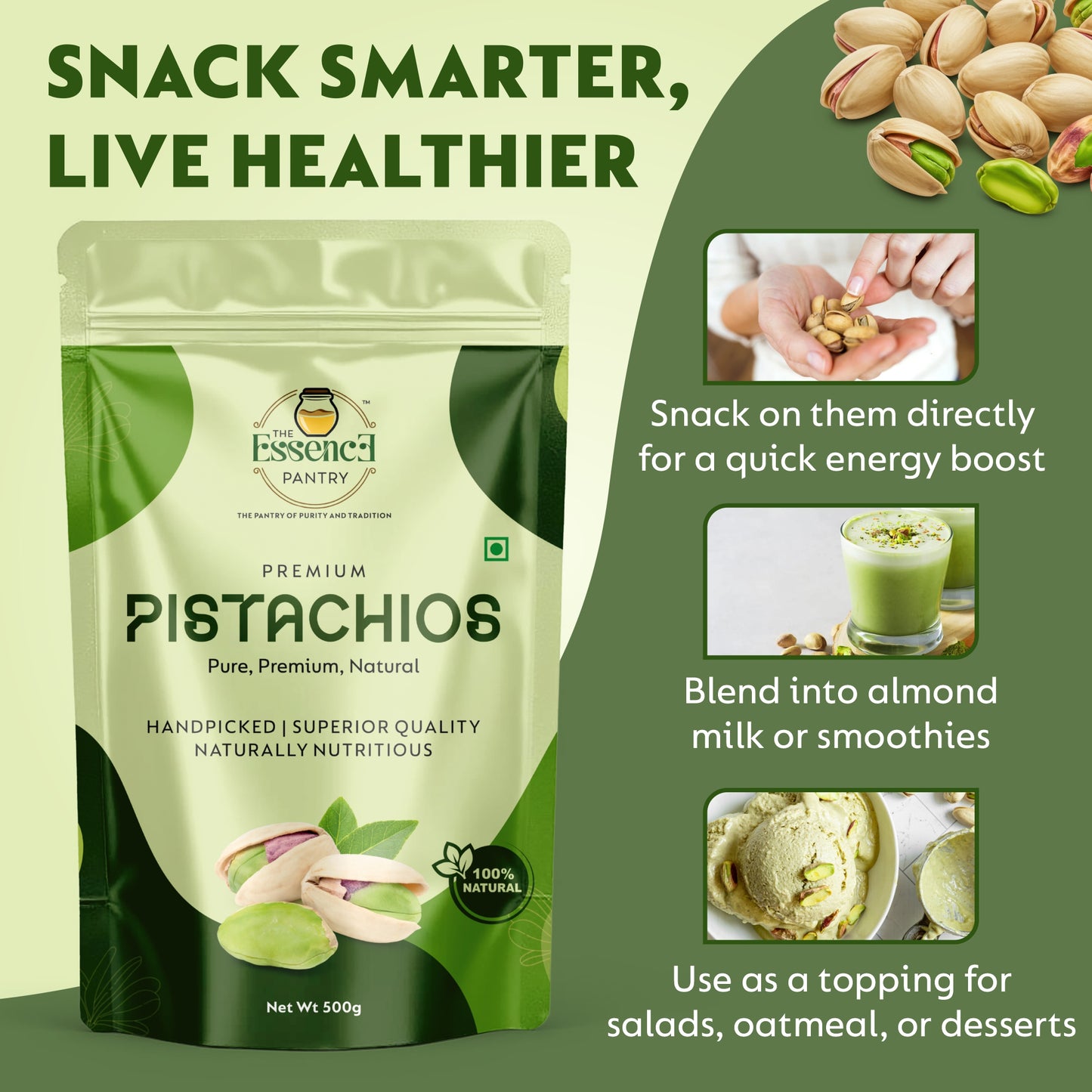 The Essence Pantry Premium Pistachios – 1kg, 500g, 250g | Roasted & Salted