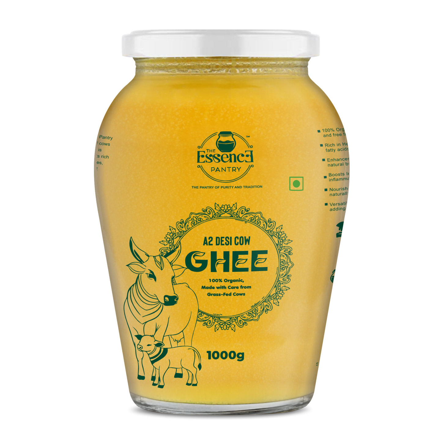 The Essence Pantry A2 Desi Cow Ghee – 1000ml & 500ml Glass Jar | Organic & Grass-Fed