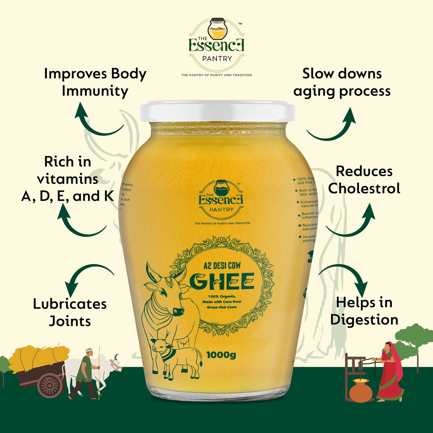 The Essence Pantry A2 Desi Cow Ghee – 1000ml & 500ml Glass Jar | Organic & Grass-Fed
