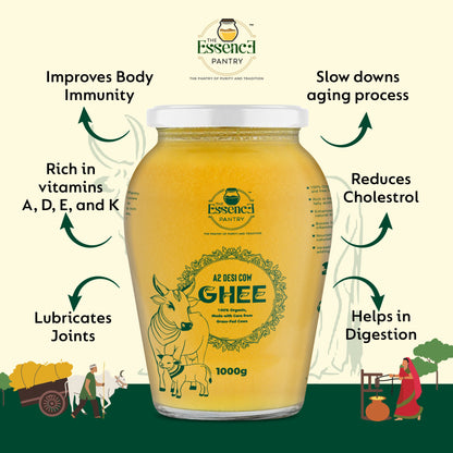 The Essence Pantry A2 Desi Cow Ghee – 1000ml & 500ml Glass Jar | Organic & Grass-Fed