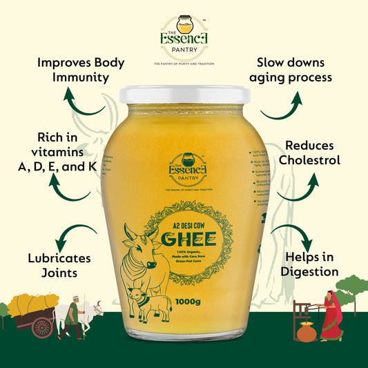 The Essence Pantry A2 Desi Cow Ghee – 1000ml & 500ml Glass Jar | Organic & Grass-Fed