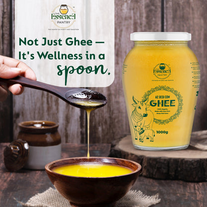 The Essence Pantry A2 Desi Cow Ghee – 1000ml & 500ml Glass Jar | Organic & Grass-Fed