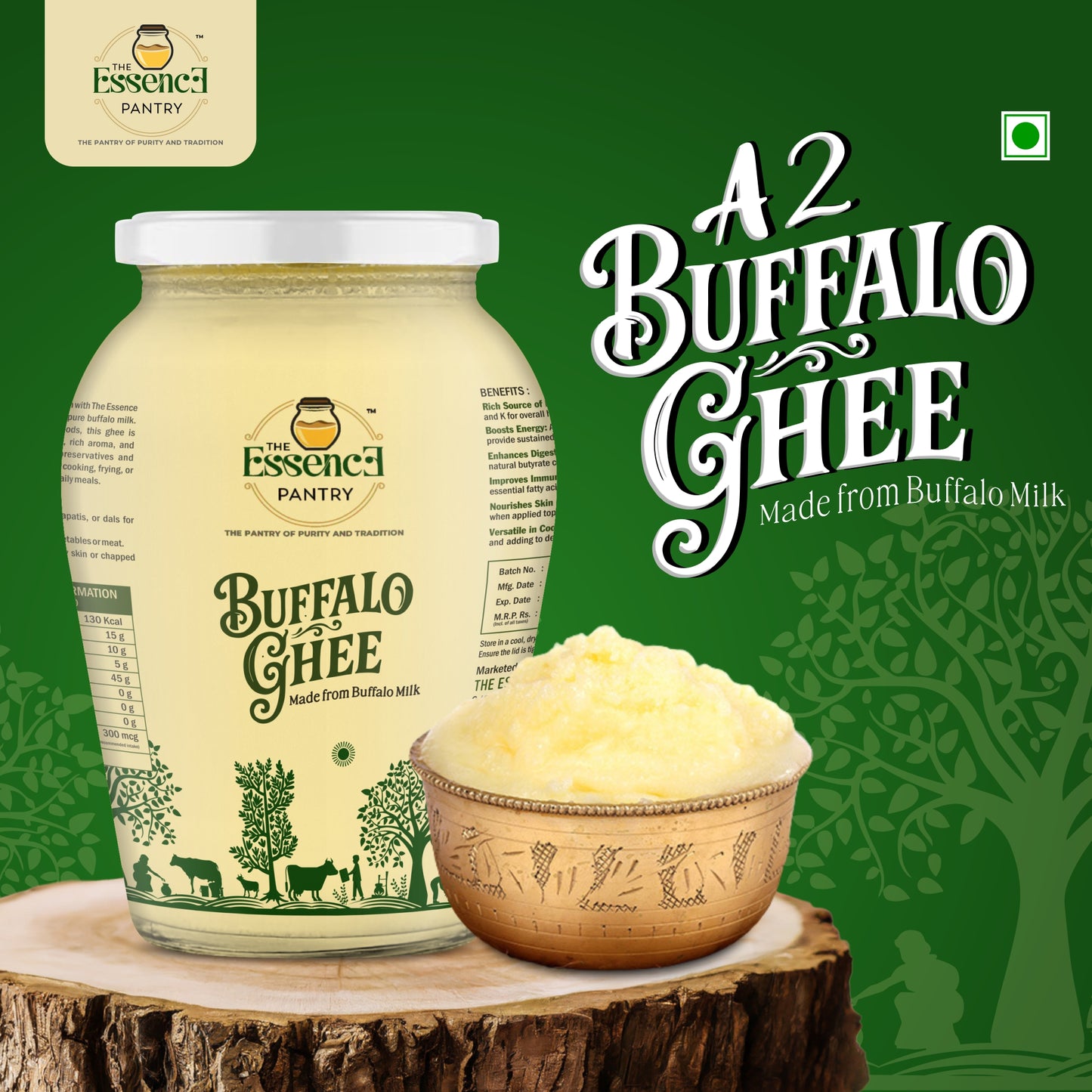 The Essence Pantry Buffalo Ghee – 1000ml & 500ml Glass Jar | Pure, Thick & Traditional