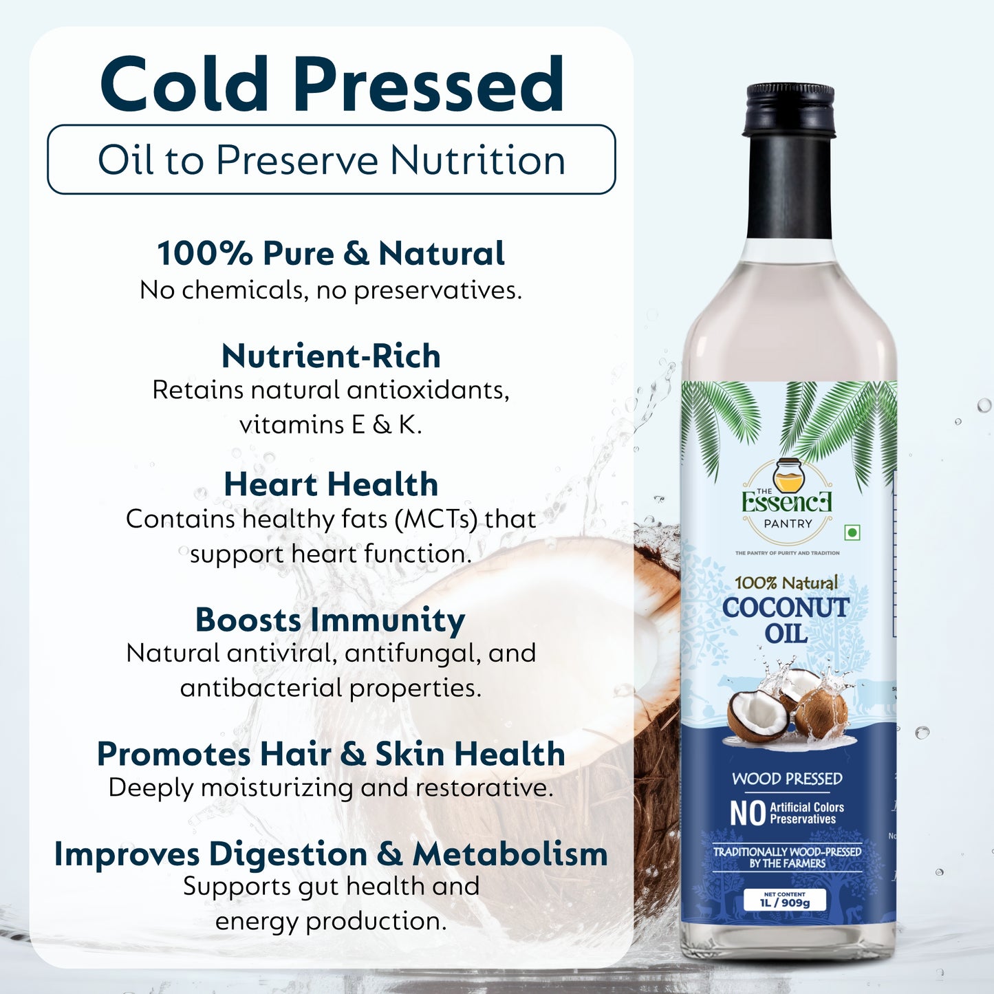 The Essence Pantry Virgin Coconut Oil – 1000ml & 500ml Glass | 1000ml PET with Dispenser