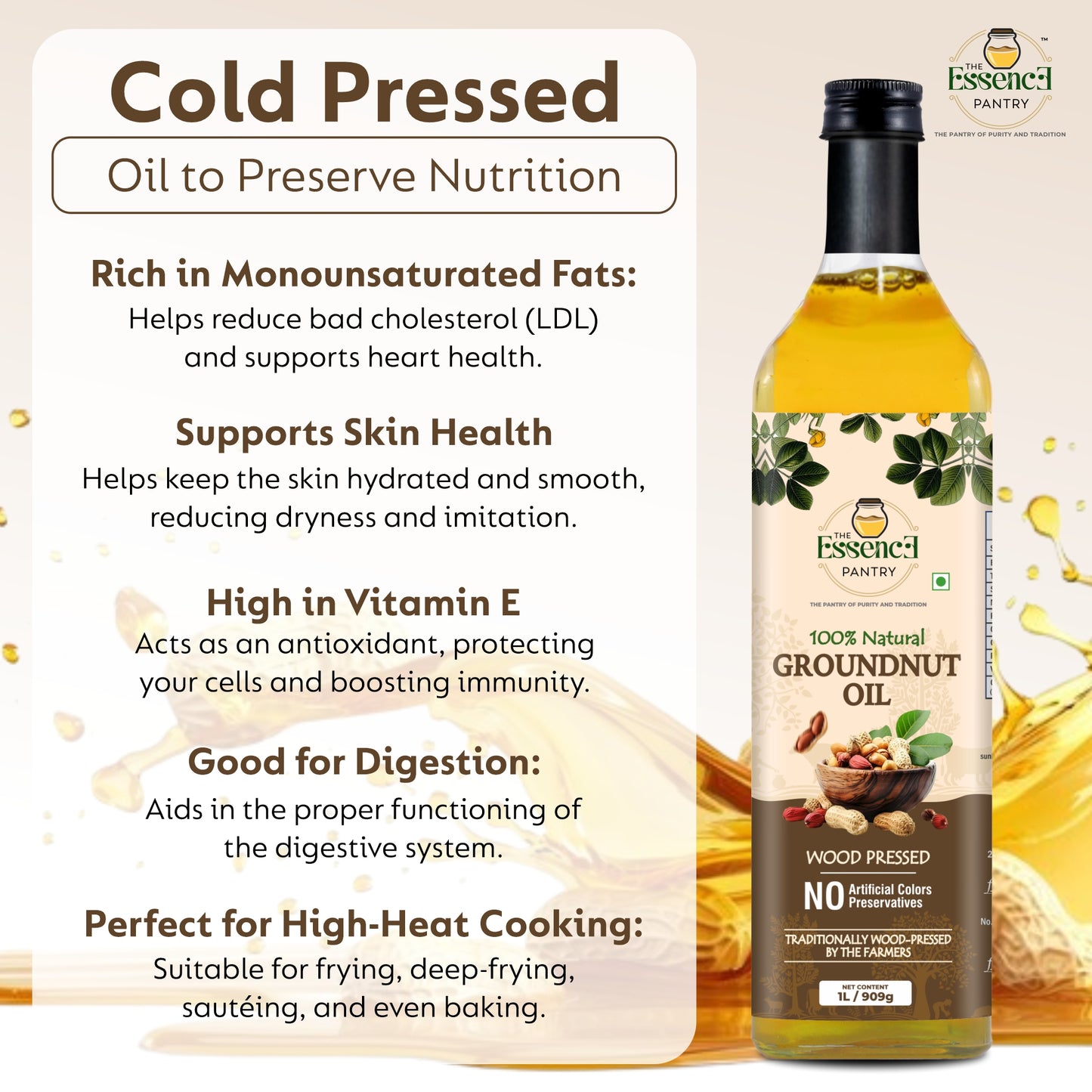 The Essence Pantry Wood Pressed Groundnut Oil – 1000ml & 500ml Glass | 1000ml PET with Dispenser