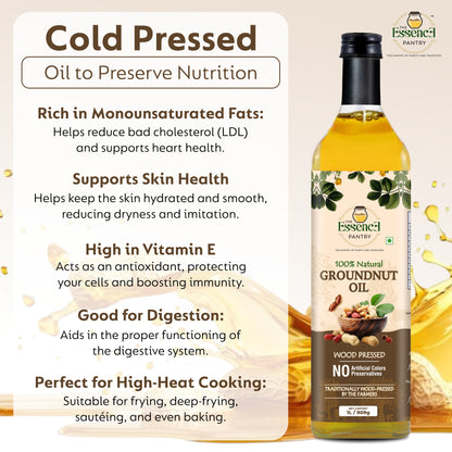 The Essence Pantry Wood Pressed Groundnut Oil – 1000ml & 500ml Glass | 1000ml PET with Dispenser