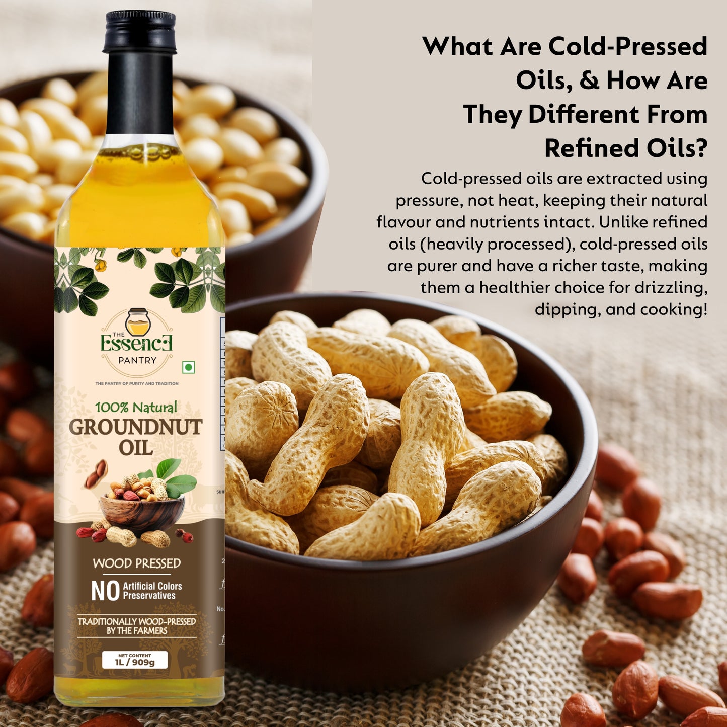 The Essence Pantry Wood Pressed Groundnut Oil – 1000ml & 500ml Glass | 1000ml PET with Dispenser