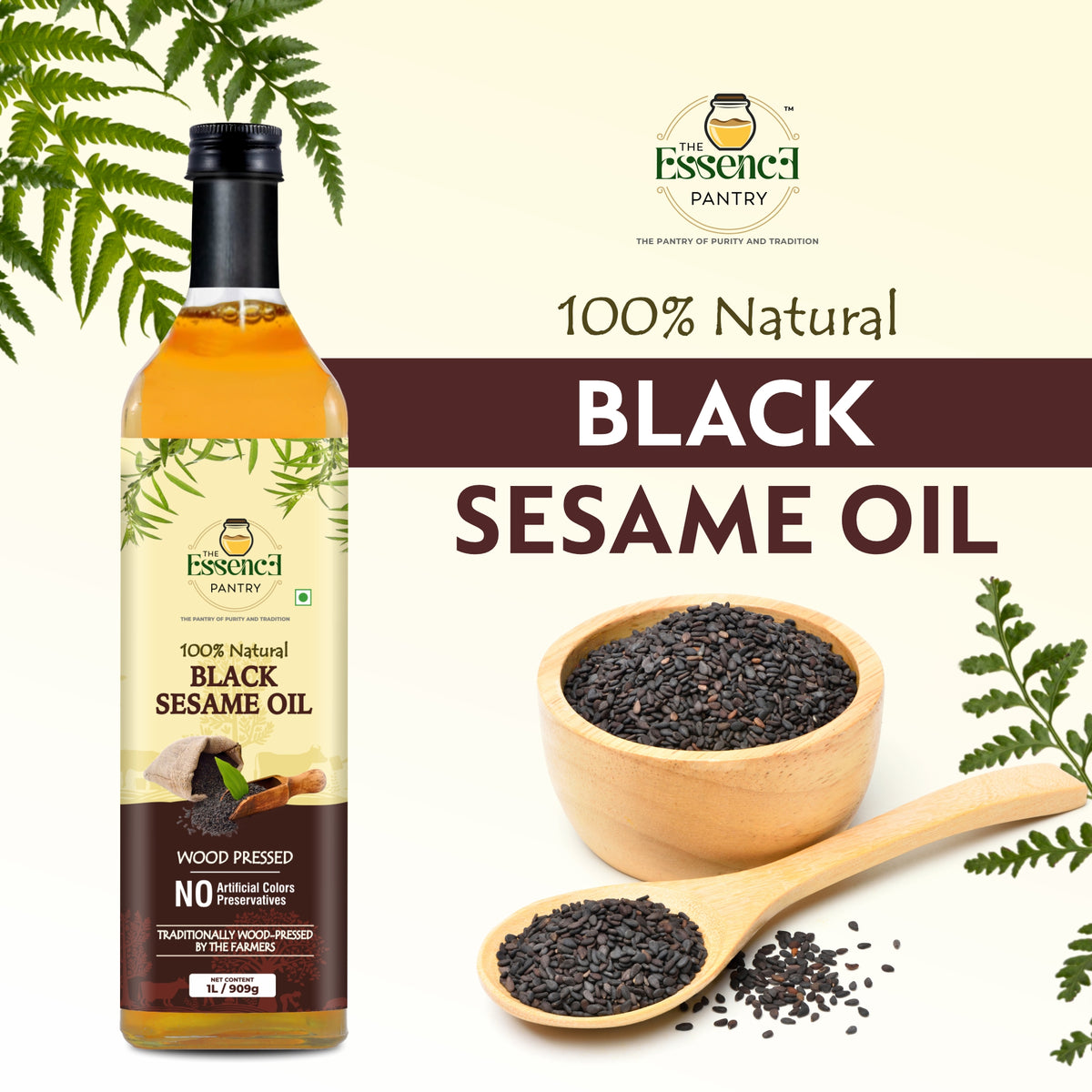 The Essence Pantry wood pressed Black Sesame Oil bottle